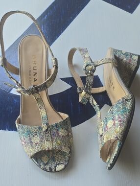 Brunate Italian Leather Blue, Purple, Gray, Cream Snakeskin Block Heel Sandal